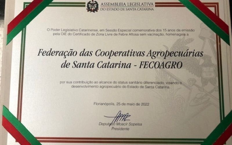 Assembleia Legislativa de SC homenageia entidades do agro que colaboraram com a Certificação como área Livre de Febre Aftosa