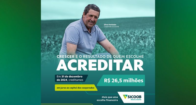 Sicoob Maxicrédito credita R$ 26,5 milhões em juros ao capital aos associados